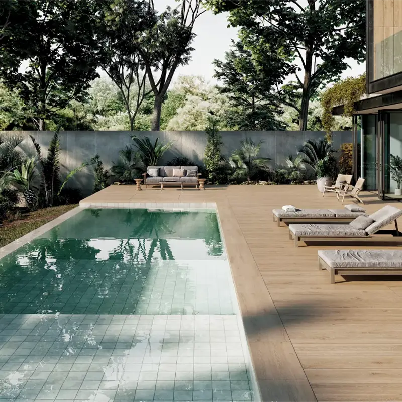 Terraça com azulejo grande para piscina